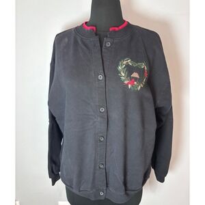 Artisans Sunschein Designs VTG Black Cardinal Holiday‎ Embroidered Cardigan
